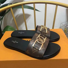 Load image into Gallery viewer, Louis Vuitton Unisex Lock It Flat Mule Brown Patent Monogram Canvas Leather Outsole
