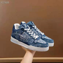 Load image into Gallery viewer, Louis Vuitton Unisex LV Trainer Sneaker Blue Monogram Denim Flowers Rubber LV Initials