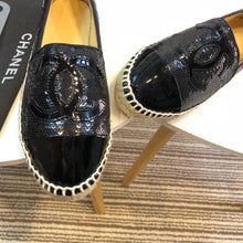 Load image into Gallery viewer, Sequin and Fabric CC Lambskin Toe Espadrilles Fall/Winter Collection Black